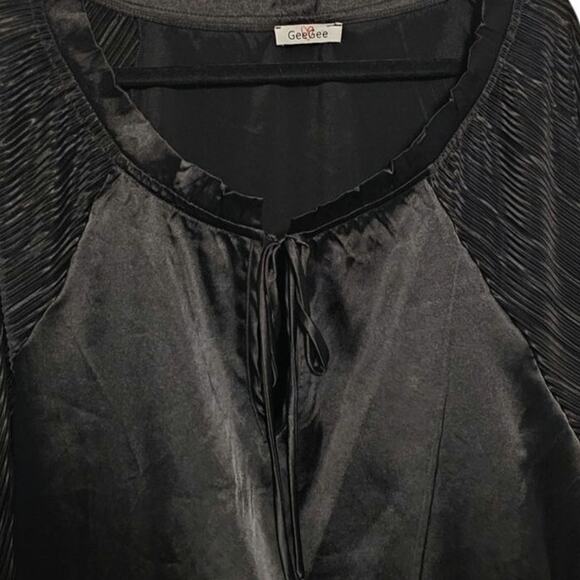 GeeGee Blouse – Size 2XL – Black Shiny Satin with Tie Neckline - Picture 4 of 5